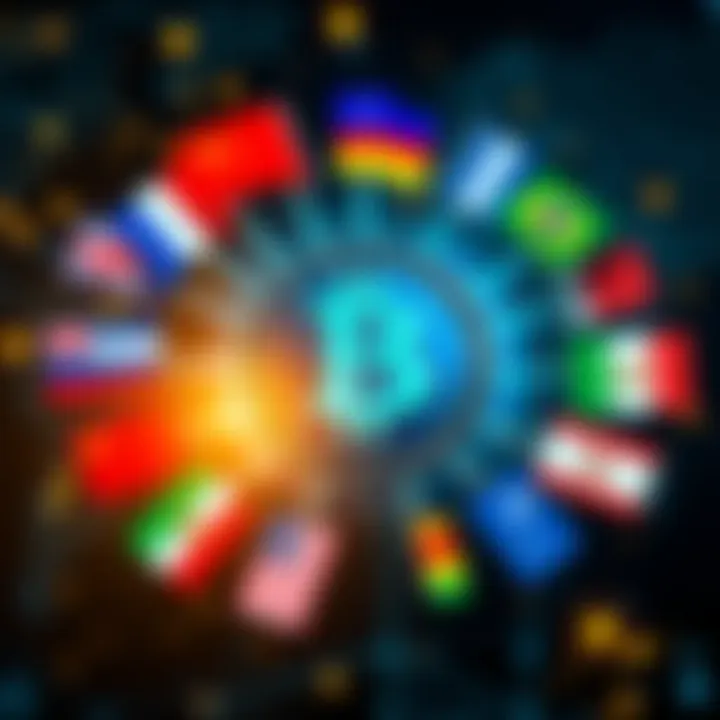Countries Mining Bitcoin A graphic showing multiple flags representing different countries around a Bitcoin symbol, illustrating global Bitcoin mining activities.