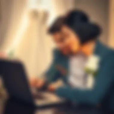 Couple considering Bitcoin investment instead of wedding A couple looking at a Bitcoin chart on a laptop, with wedding rings and a wedding dress in the background