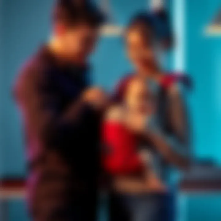 A couple carefully adjusts their 6-week-old baby in a Tula carrier, ensuring a secure and comfortable fit.