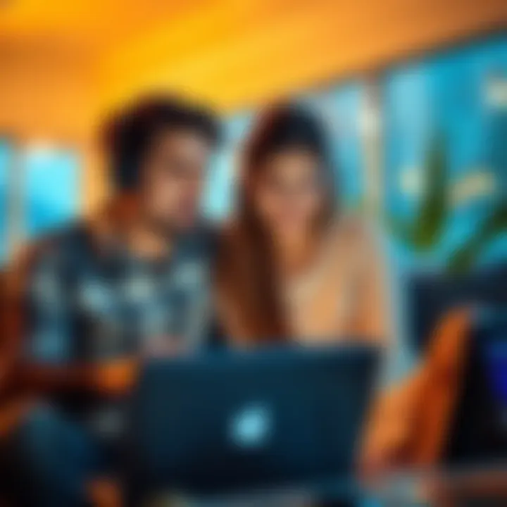 A couple looking at a laptop, discussing their options between taking a holiday or saving money for the future.