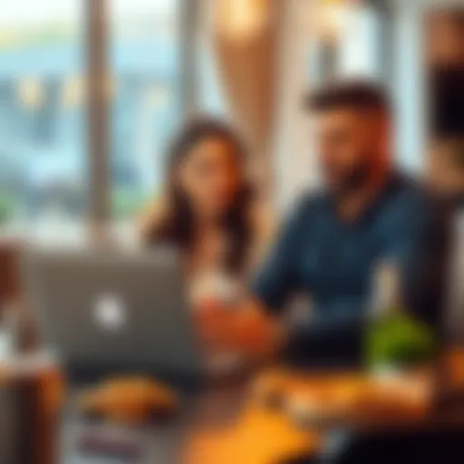 A couple sitting at a table, talking about Bitcoin with a laptop open between them, looking engaged and thoughtful.