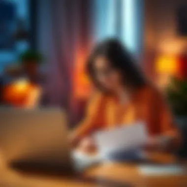 Couple discussing finances A couple sitting at a table with a laptop, looking concerned while reviewing their joint account statements and insurance policy details.