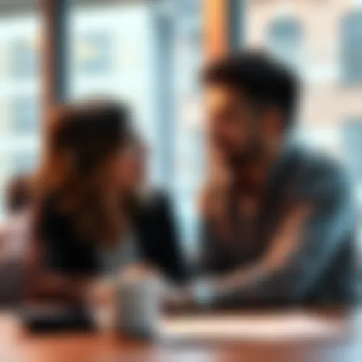 A man and woman sitting at a table, talking about financial plans, looking engaged and serious.