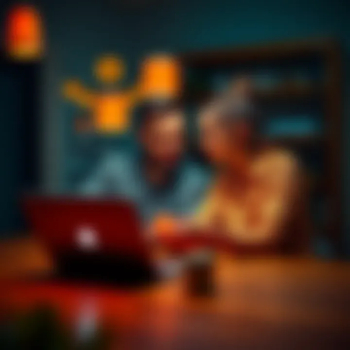 A newly married couple sitting at a kitchen table, looking at a laptop while discussing financial matters, with Bitcoin symbols in the background.