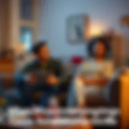 A couple sits on a sofa, engaged in a serious conversation, highlighting the importance of communication in resolving relationship issues. The room is cozy, with a warm atmosphere.