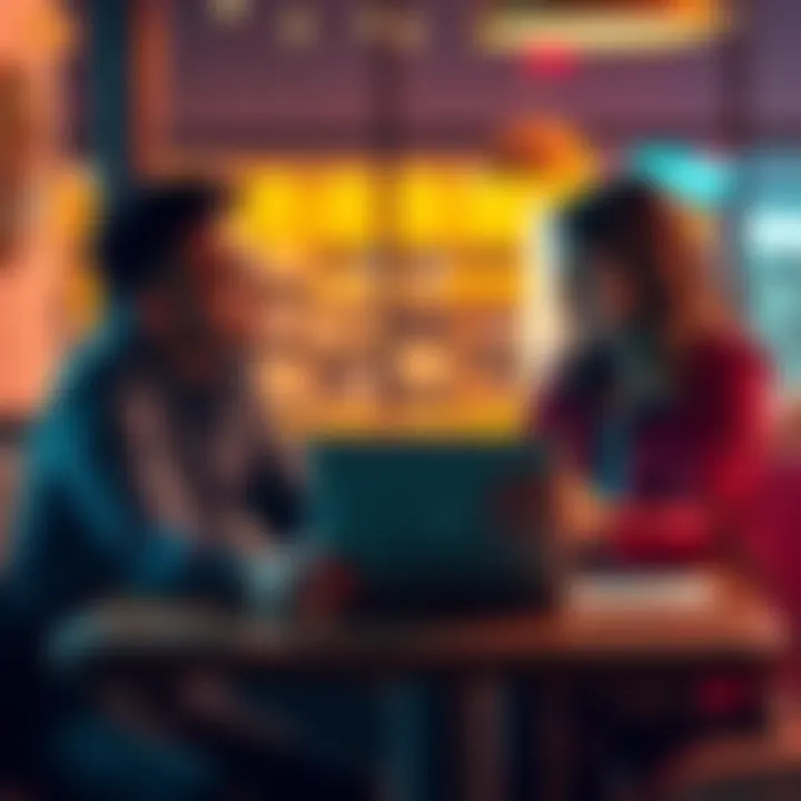 A couple sitting at a table discussing a laptop with security notes about seed phrases