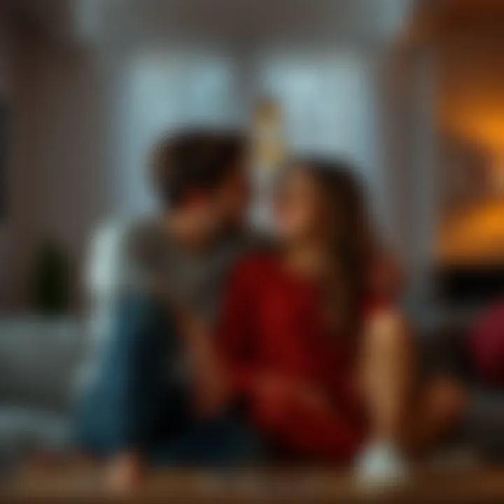 A couple sitting close together at home, sharing a quiet moment and looking content while respecting each other's personal space.