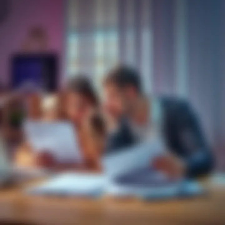 A Russian couple sitting at a desk, looking frustrated while reviewing financial documents related to Revolut