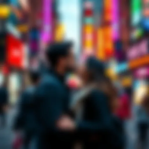 A couple leans in for a kiss on a busy street, surrounded by vibrant city life and people walking by