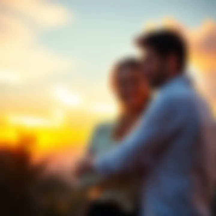 A happy couple embracing each other, smiling and enjoying a romantic sunset together.