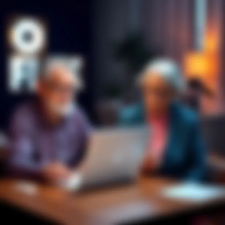 Elderly couple sitting at a table with tax forms and a laptop, looking concerned about unreported crypto gains