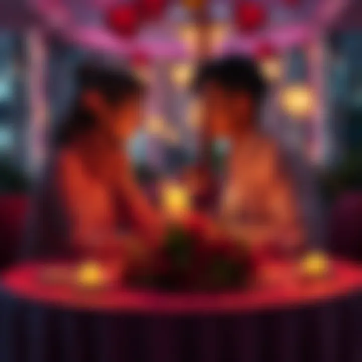 Couple enjoying a romantic dinner A couple sitting at a candlelit table with flowers, celebrating Valentine's Day, surrounded by small crypto-themed decorations.