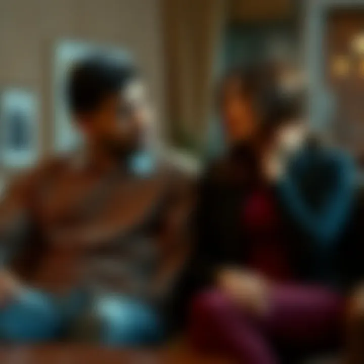 A man and woman sitting together, discussing their feelings and doubts in a relationship, with expressions of concern and understanding.