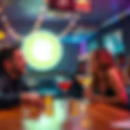 A man and woman sitting at a table, laughing and enjoying drinks, with a Dogecoin symbol in the background, representing a connection between cryptocurrency and dating