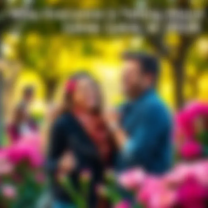 A happy couple embracing in a park, surrounded by flowers, showcasing their love and connection