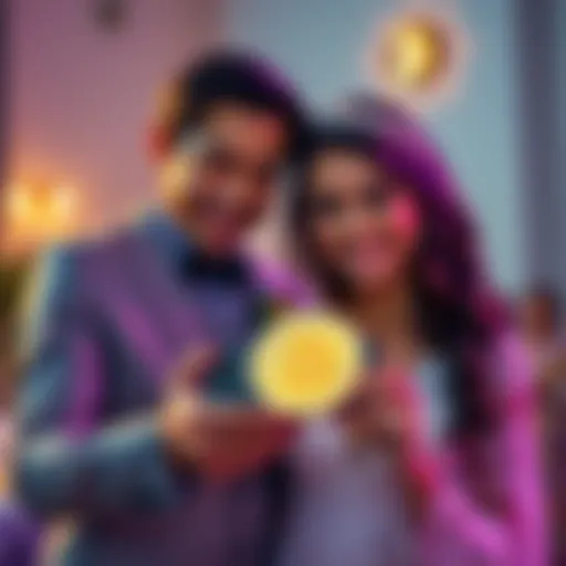 A happy couple receiving a Bitcoin gift at their wedding, showcasing a digital wallet on a smartphone