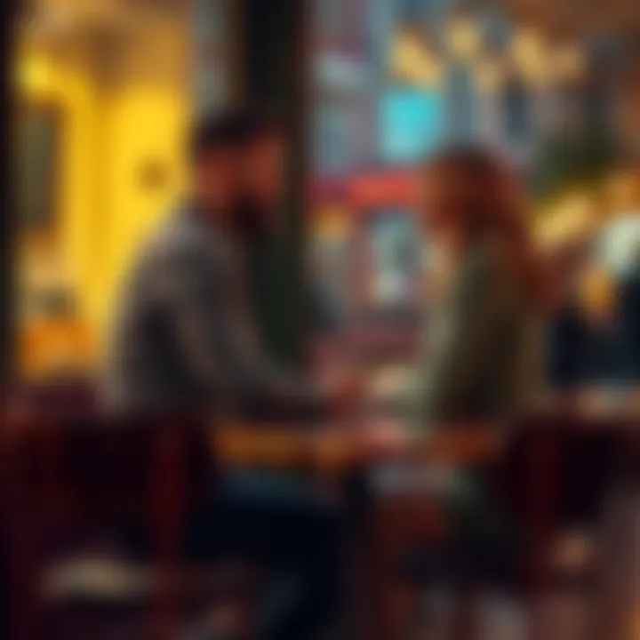 Couple sitting at a cafรฉ A man and woman sitting across a table in a cafรฉ, engaged in a deep conversation about dating and relationships.