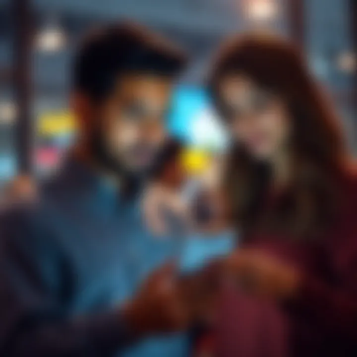 A man and woman looking at a blank mobile app screen while discussing card verification issues