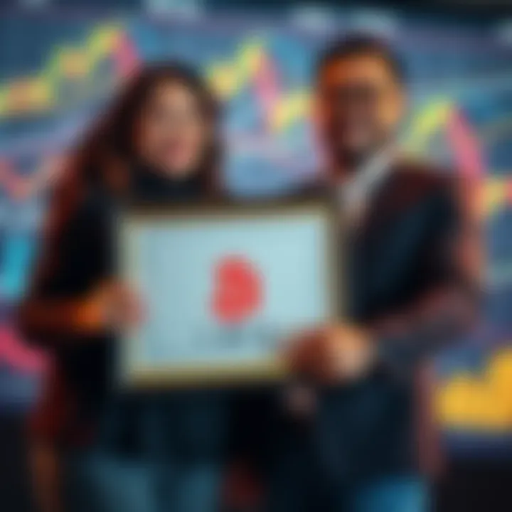 A happy couple holding a framed certificate celebrating their investment milestone of surpassing 1 BTC, with a background of financial charts and graphs.