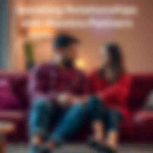 A couple sitting on a couch, holding hands, expressing concern for each other, with a backdrop that suggests emotional support and connection