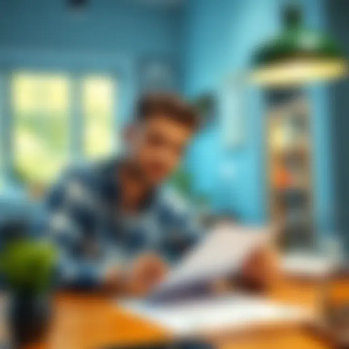 A couple sits at a table with paperwork, pondering whether to sell their house or downsize for financial relief.