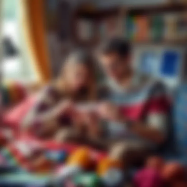 A couple working together on cross stitch projects, surrounded by colorful threads and fabrics, contemplating the 'sweater curse' superstition.