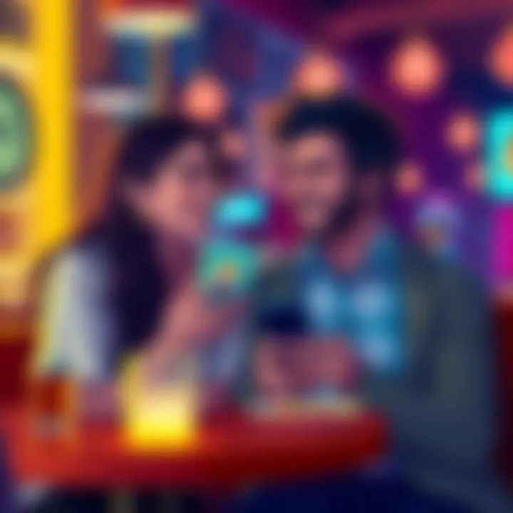 A couple smiles at each other while holding Dogecoin graphics on their phones at a cozy cafe.