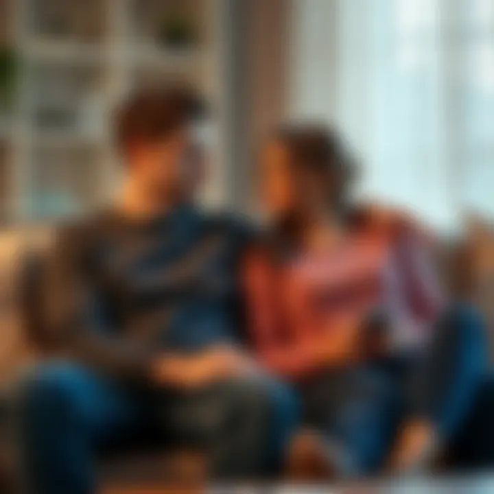 Couple in Deep Conversation A couple sitting on a couch, discussing their relationship with serious expressions, reflecting on a recent unexpected find.