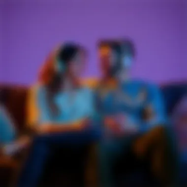 A young couple sitting on a couch, sharing headphones and smiling as they listen to music, showing a connection through the song 'Euclid'.