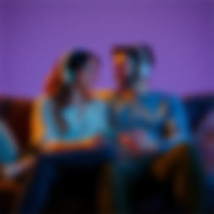 A young couple sitting on a couch, sharing headphones and smiling as they listen to music, showing a connection through the song 'Euclid'.