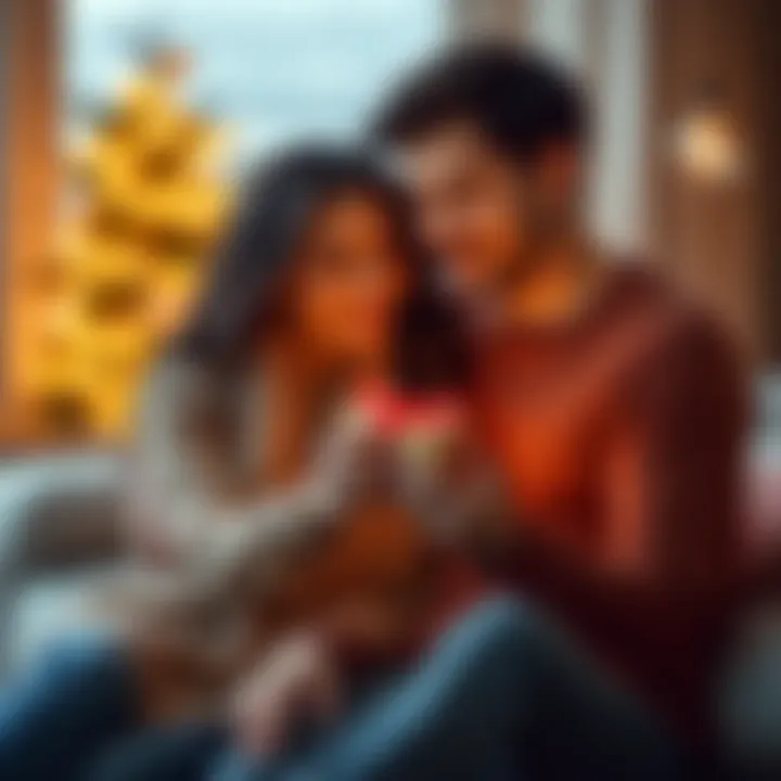 A couple sitting close together, smiling and sharing a small gift, representing intimacy and connection in their relationship.