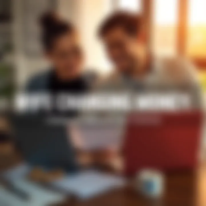 A couple sitting at a table reviewing their budget with a laptop and papers, smiling and discussing their financial plans.