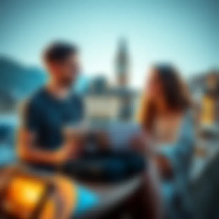 A young couple talks excitedly about their plans for a European vacation, with a laptop showing travel sites in front of them.