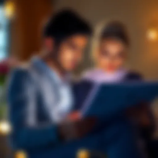 A couple looking at wedding planning materials with a concerned expression, reflecting on Bitcoin price drops and their impact on future plans.