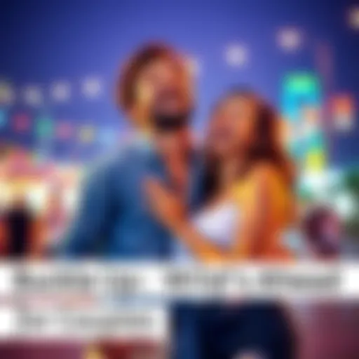 A couple enjoying a fun moment together, laughing and playfully embracing each other in a vibrant setting.