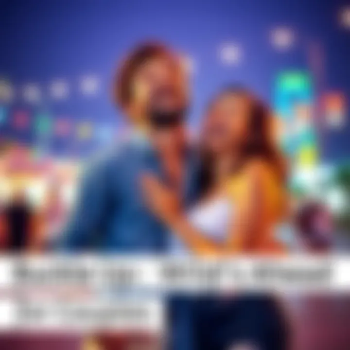 A couple enjoying a fun moment together, laughing and playfully embracing each other in a vibrant setting.