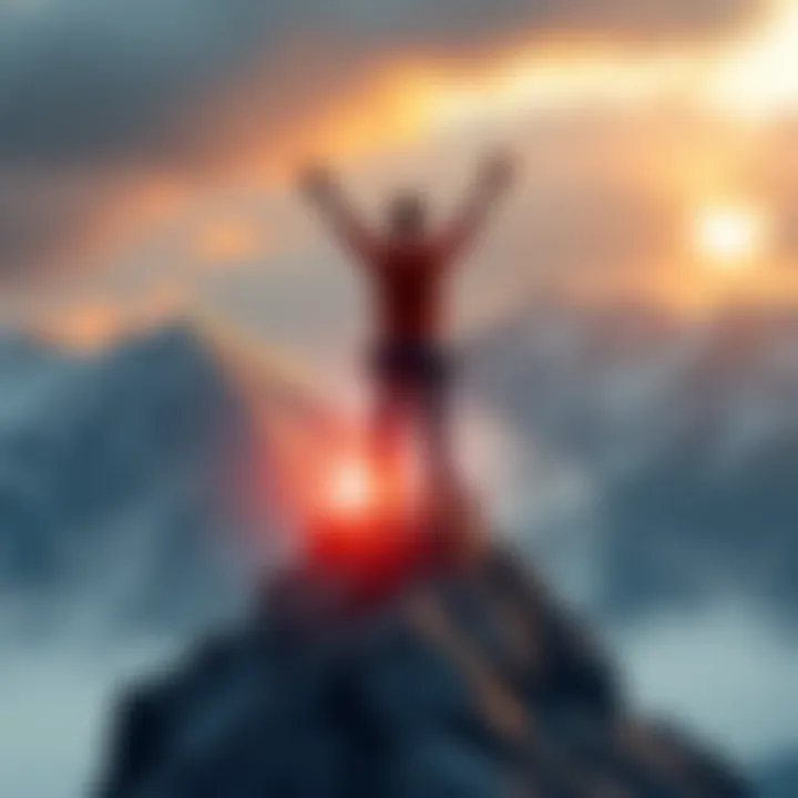 Courage in Action A person standing tall on a mountain peak with arms raised, symbolizing strength and courage.