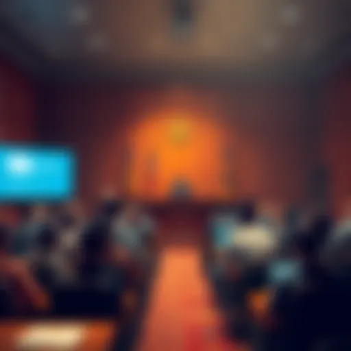 Courtroom Scene with Software Developers A courtroom filled with people discussing software development and legal issues, with a judge presiding over the case.