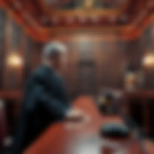 A courtroom scene showing a judge in black robes with a gavel, symbolizing a legal decision on free speech and AI laws.