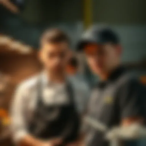 A food service employee looking frustrated while a coworker stands nearby, acting dominant and overseeing their work.