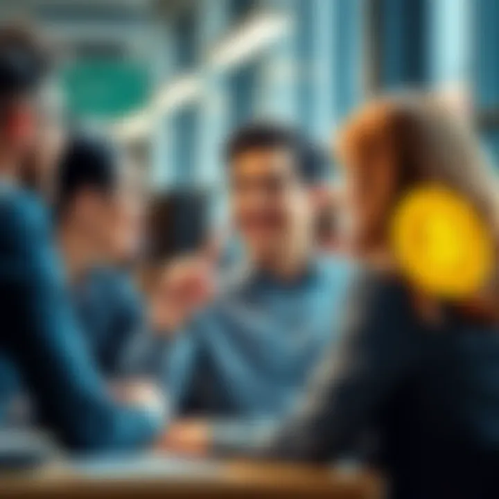 A co-worker animatedly discussing Bitcoin with colleagues in an office setting, showing enthusiasm in their gestures.
