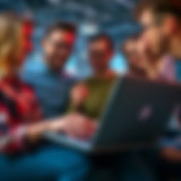 A group of coworkers discussing an app with a PayPal payout demonstration on a laptop
