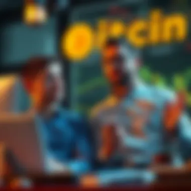 Two coworkers debating Bitcoin price trends, one looking stressed and the other confident about investing more.