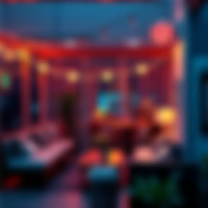 A warm and inviting late night setting with twinkling lights and comfy seating, creating a charming atmosphere for relaxation.