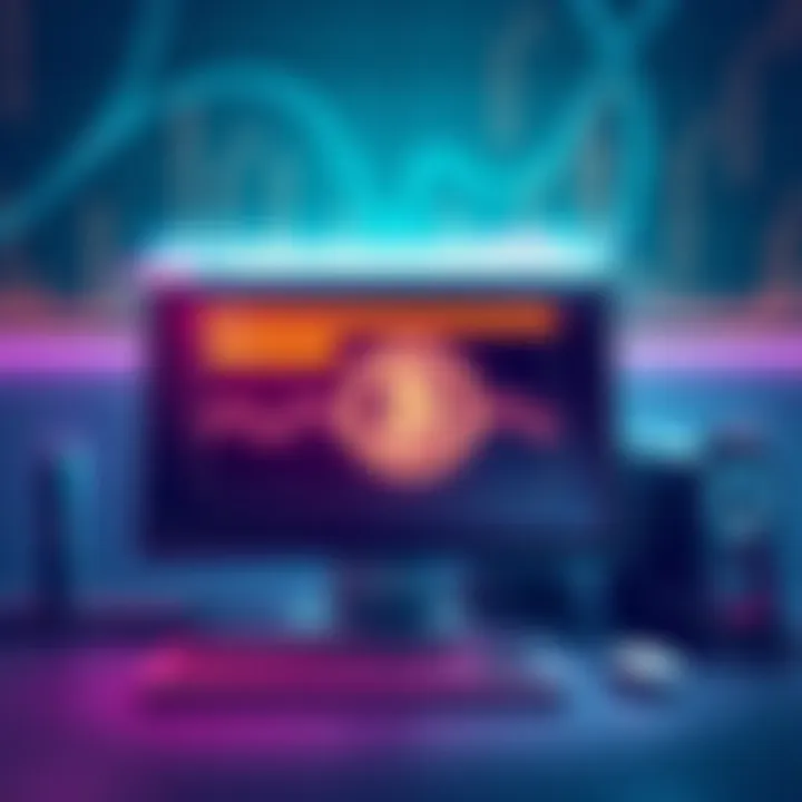 Illustration showing a computer with a simplified blockchain graphic and a browser interface for mining at 1 hash per second.