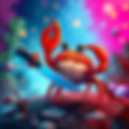 A cartoon crab holding a knife, symbolizing the Crab With Knife project on Cronos Network, with a vibrant background showing growth and community spirit.