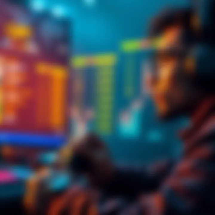 A gamer contemplating crafting options with a gaming controller and digital stats in view.