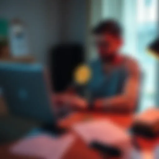 A person sitting at a desk, using a laptop to create a Bitcoin wallet, surrounded by notes and a smartphone.
