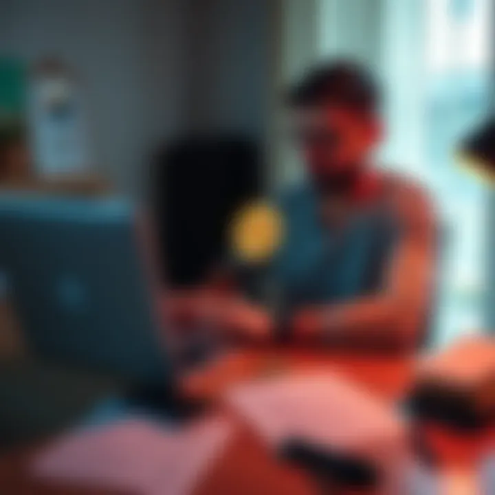 A person sitting at a desk, using a laptop to create a Bitcoin wallet, surrounded by notes and a smartphone.
