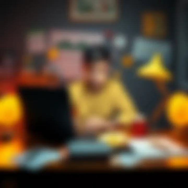 Creating a Meme Coin An individual sitting at a desk with a laptop, surrounded by cryptocurrency graphics and notes, illustrating the process of making a meme coin.